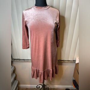Stradivarius Women Ruffle Velour Dress Ruffled Hem Dust Pink size Large